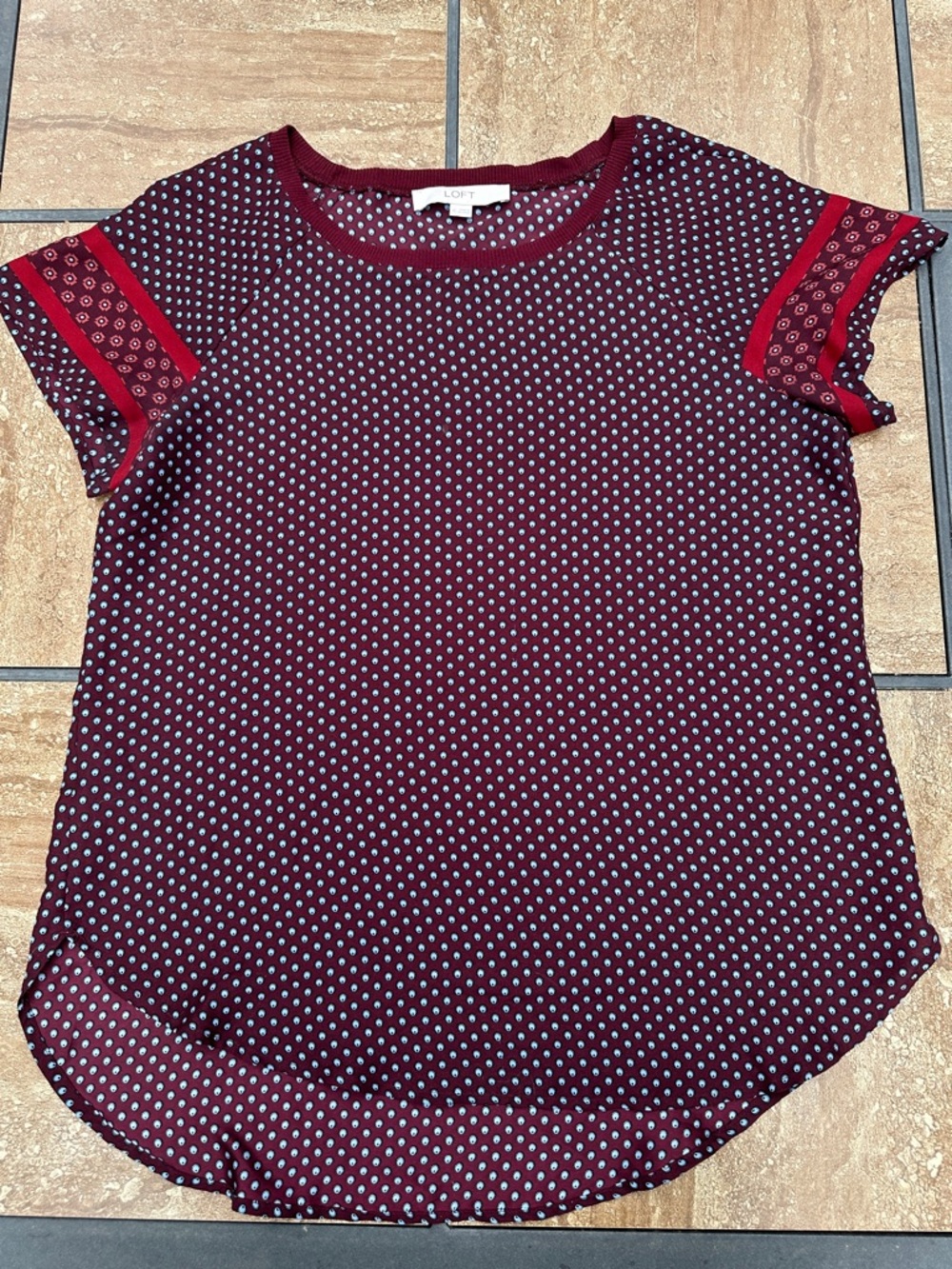 LOFT Maroon Short Sleeve Dot Print Tee with Red Stripe Detail